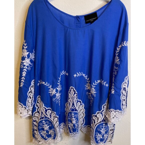 Cynthia Rowley Plus Size 2x Embroidered Blouse Top Shirt Blue White Lace Trim - Picture 1 of 4
